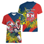 Sydney Roosters Women V-Neck T-Shirt Golden Wattle Floral Polynesian - Australian Flower - Rugby Mascot