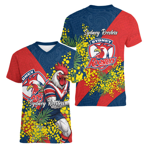 Sydney Roosters Women V-Neck T-Shirt Golden Wattle Floral Polynesian - Australian Flower - Rugby Mascot
