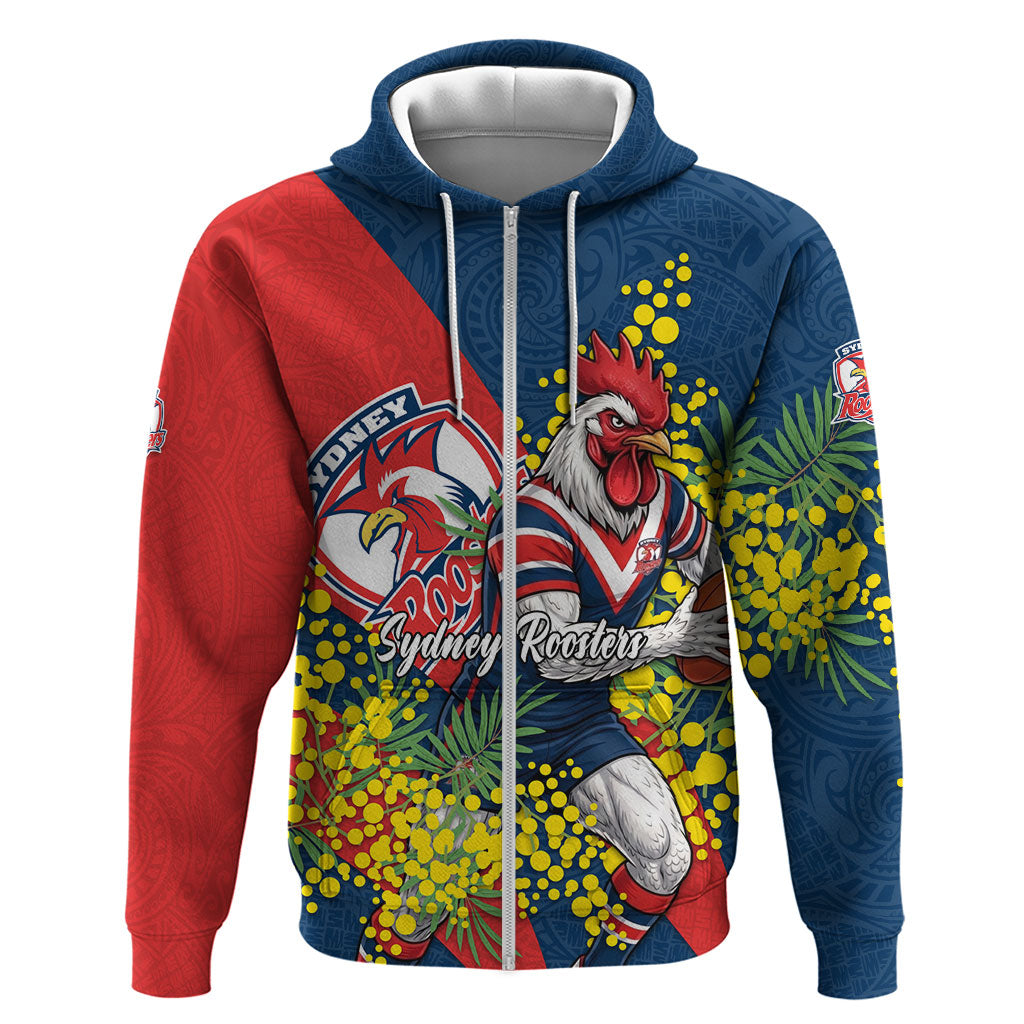Sydney Roosters Zip Hoodie Golden Wattle Floral Polynesian - Australian Flower - Rugby Mascot