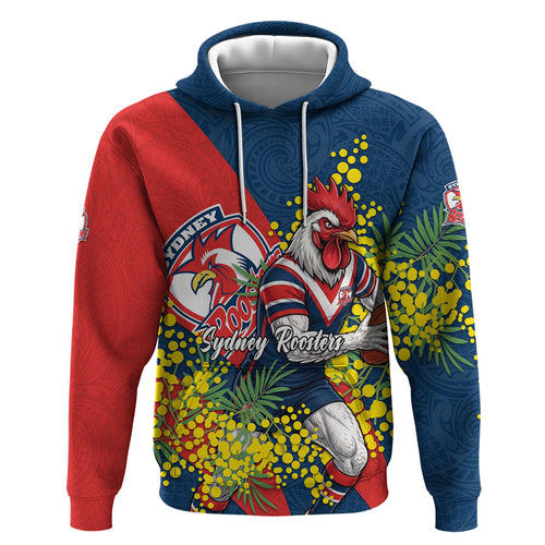 Sydney Roosters Zip Hoodie Golden Wattle Floral Polynesian - Australian Flower - Rugby Mascot