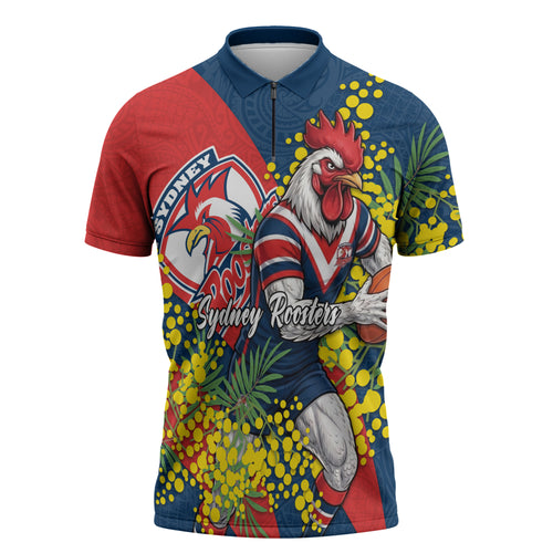 Sydney Roosters Zipper Polo Shirt Golden Wattle Floral Polynesian - Australian Flower - Rugby Mascot