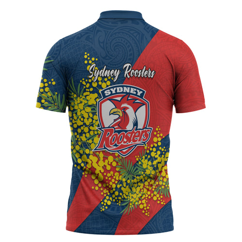 Sydney Roosters Zipper Polo Shirt Golden Wattle Floral Polynesian - Australian Flower - Rugby Mascot