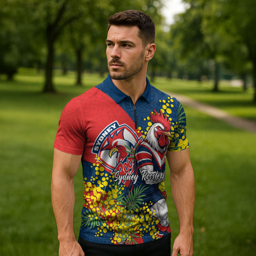 Sydney Roosters Zipper Polo Shirt Golden Wattle Floral Polynesian - Australian Flower - Rugby Mascot