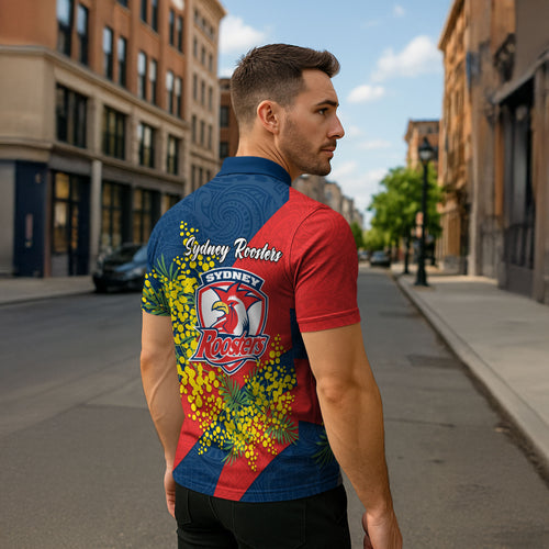 Sydney Roosters Zipper Polo Shirt Golden Wattle Floral Polynesian - Australian Flower - Rugby Mascot