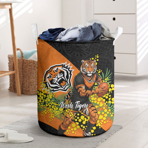 Wests Tigers Laundry Basket Golden Wattle Floral Polynesian - Australian Flower - Rugby Mascot
