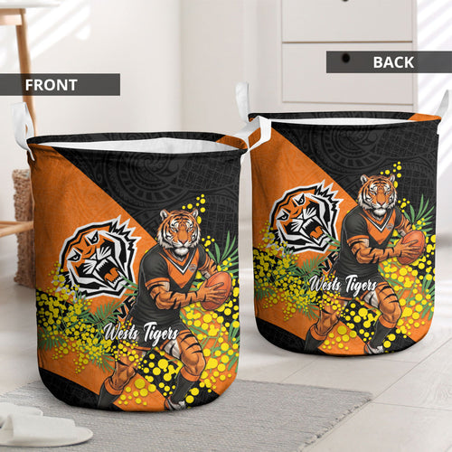 Wests Tigers Laundry Basket Golden Wattle Floral Polynesian - Australian Flower - Rugby Mascot