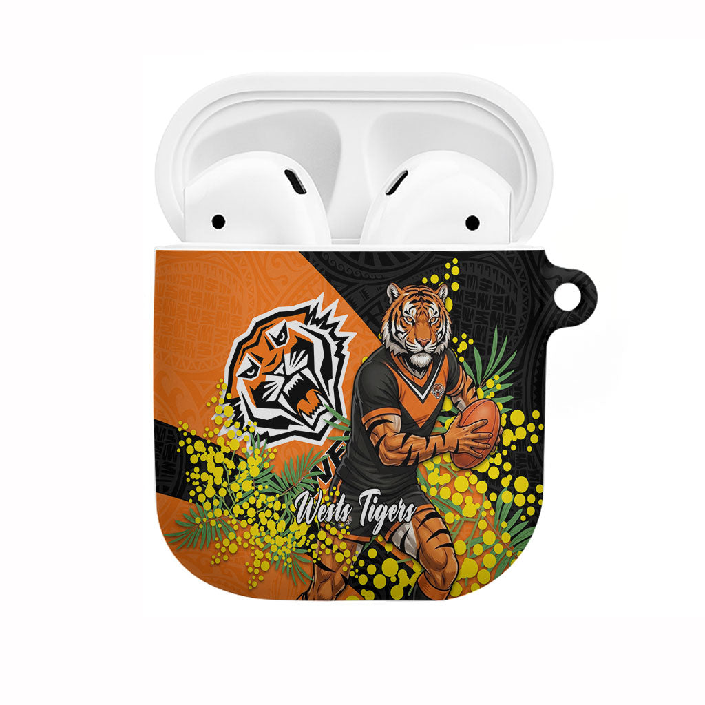 Wests Tigers AirPods Case Golden Wattle Floral Polynesian - Australian Flower - Rugby Mascot