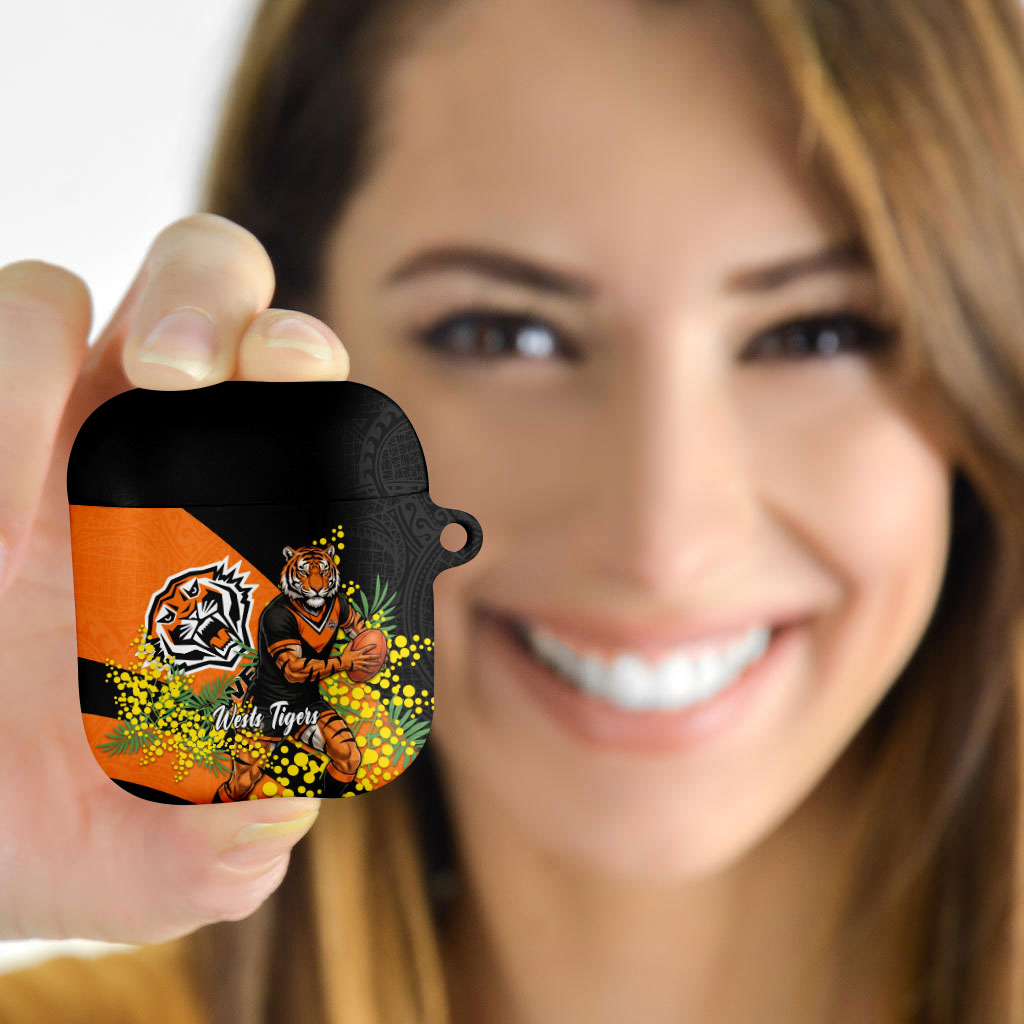 Wests Tigers AirPods Case Golden Wattle Floral Polynesian - Australian Flower - Rugby Mascot