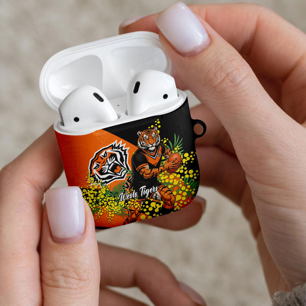 Wests Tigers AirPods Case Golden Wattle Floral Polynesian - Australian Flower - Rugby Mascot