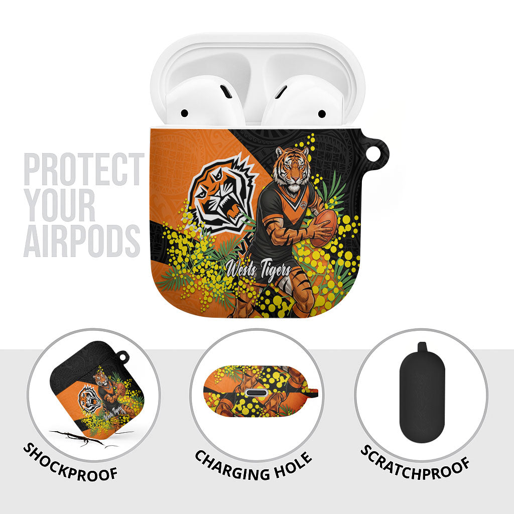 Wests Tigers AirPods Case Golden Wattle Floral Polynesian - Australian Flower - Rugby Mascot