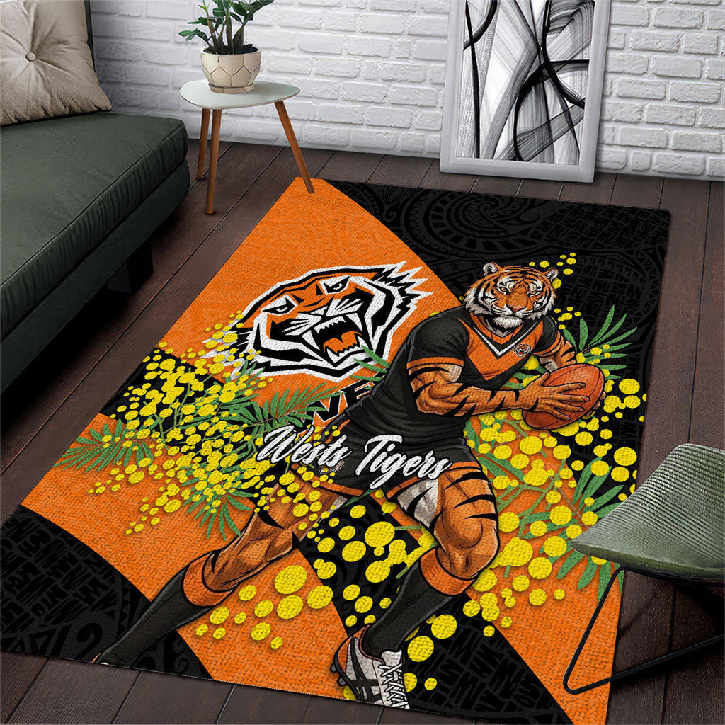 Wests Tigers Area Rug Golden Wattle Floral Polynesian - Australian Flower - Rugby Mascot