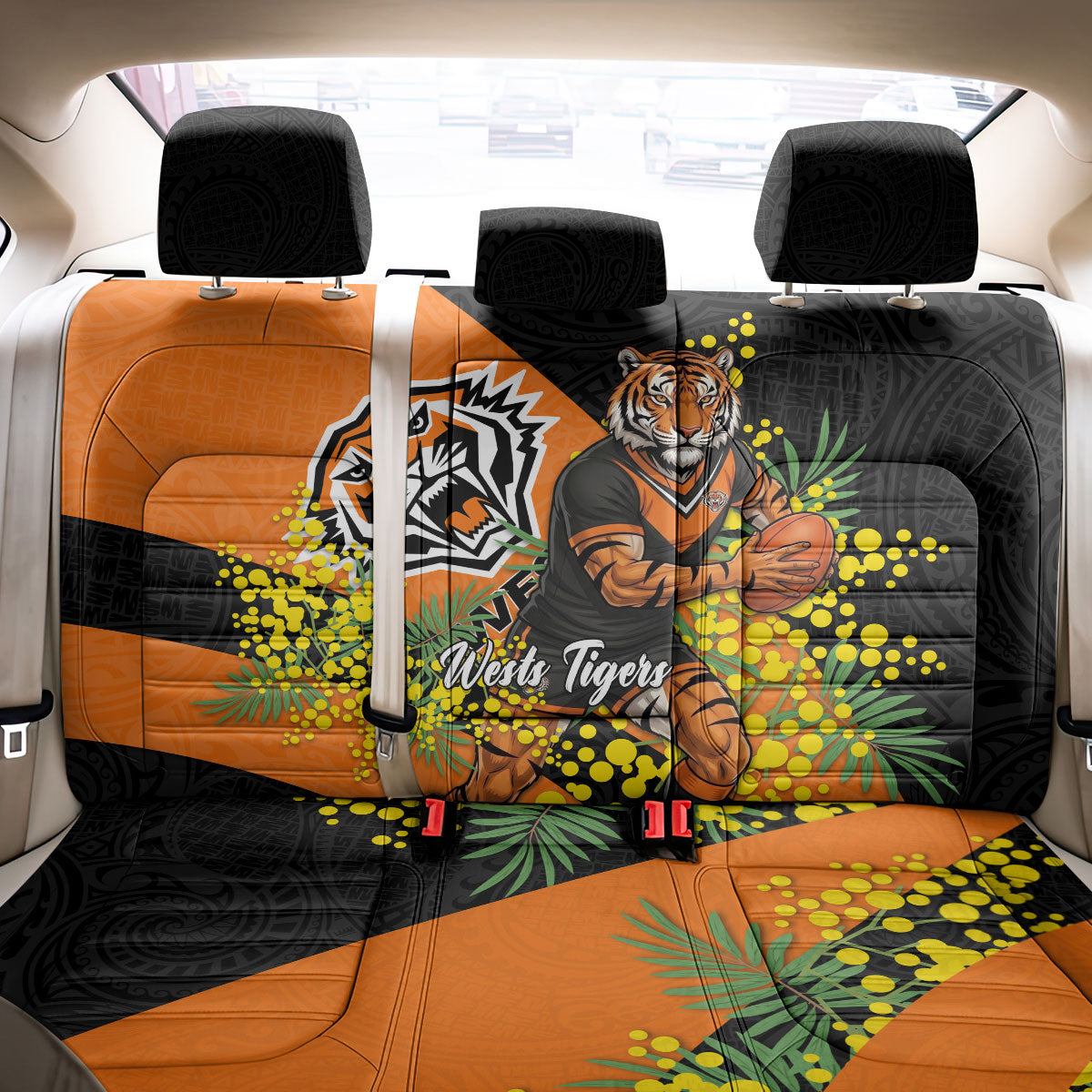 Wests Tigers Back Car Seat Cover Golden Wattle Floral Polynesian - Australian Flower - Rugby Mascot
