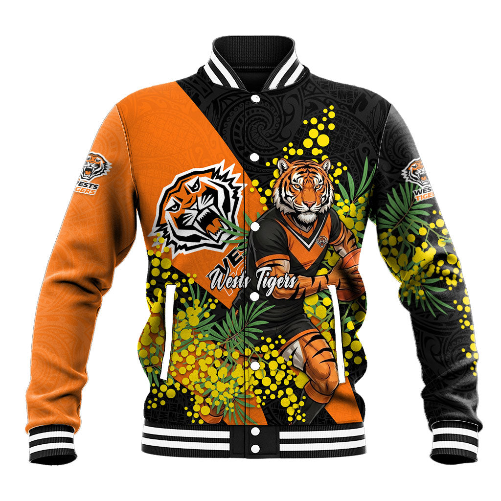Wests Tigers Baseball Jacket Golden Wattle Floral Polynesian - Australian Flower - Rugby Mascot