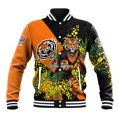 Wests Tigers Baseball Jacket Golden Wattle Floral Polynesian - Australian Flower - Rugby Mascot