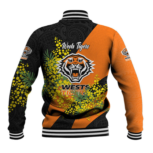 Wests Tigers Baseball Jacket Golden Wattle Floral Polynesian - Australian Flower - Rugby Mascot