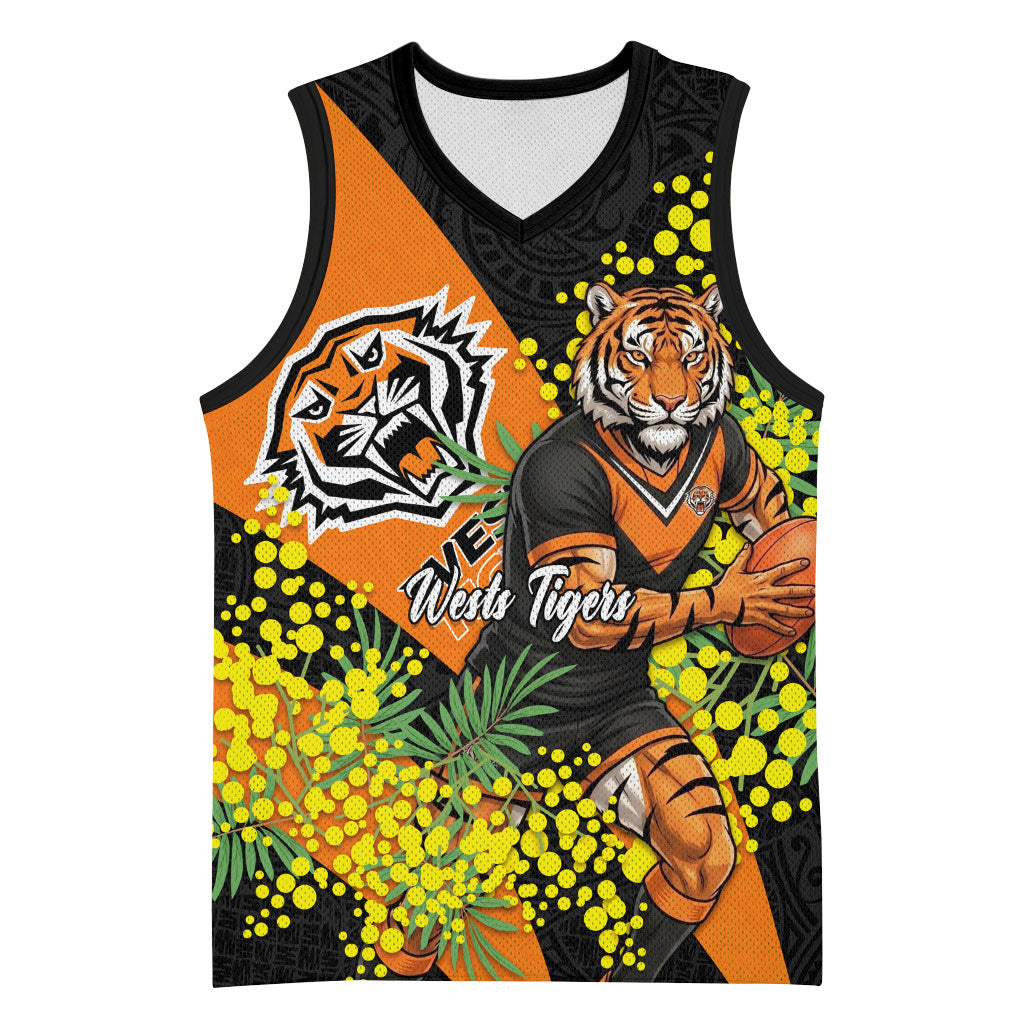 Wests Tigers Basketball Jersey Golden Wattle Floral Polynesian - Australian Flower - Rugby Mascot