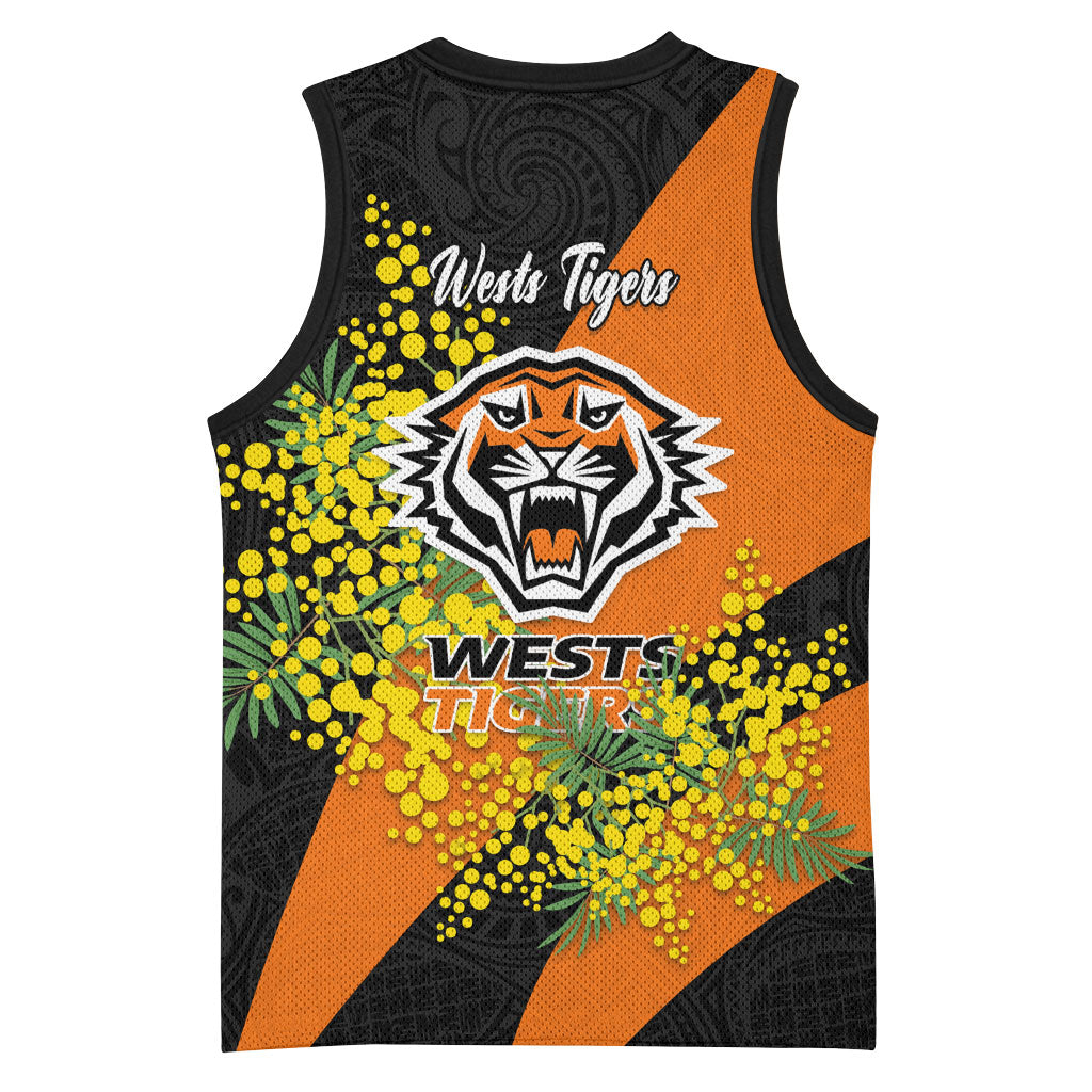 Wests Tigers Basketball Jersey Golden Wattle Floral Polynesian - Australian Flower - Rugby Mascot