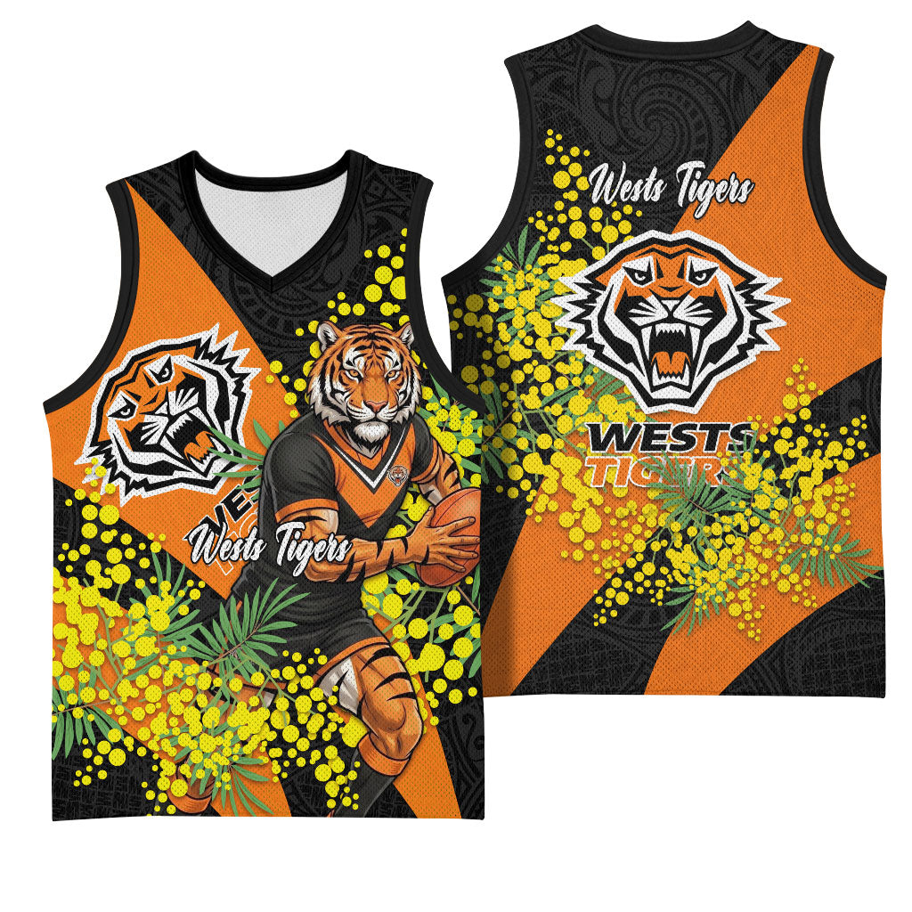 Wests Tigers Basketball Jersey Golden Wattle Floral Polynesian - Australian Flower - Rugby Mascot