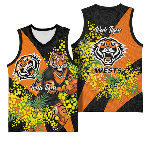 Wests Tigers Basketball Jersey Golden Wattle Floral Polynesian - Australian Flower - Rugby Mascot