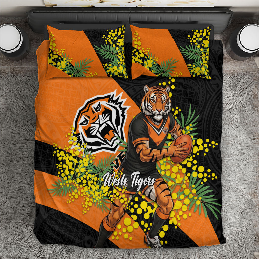 Wests Tigers Bedding Set Golden Wattle Floral Polynesian - Australian Flower - Rugby Mascot