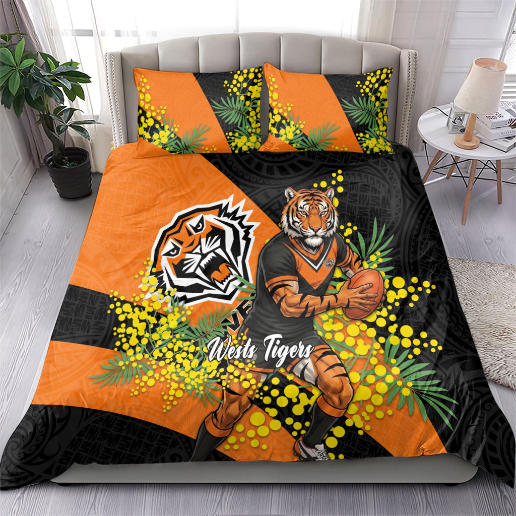 Wests Tigers Bedding Set Golden Wattle Floral Polynesian - Australian Flower - Rugby Mascot