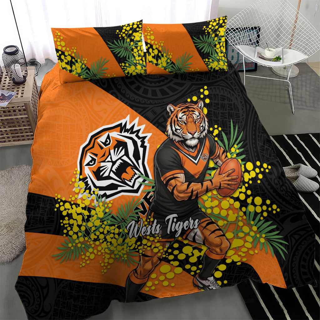 Wests Tigers Bedding Set Golden Wattle Floral Polynesian - Australian Flower - Rugby Mascot