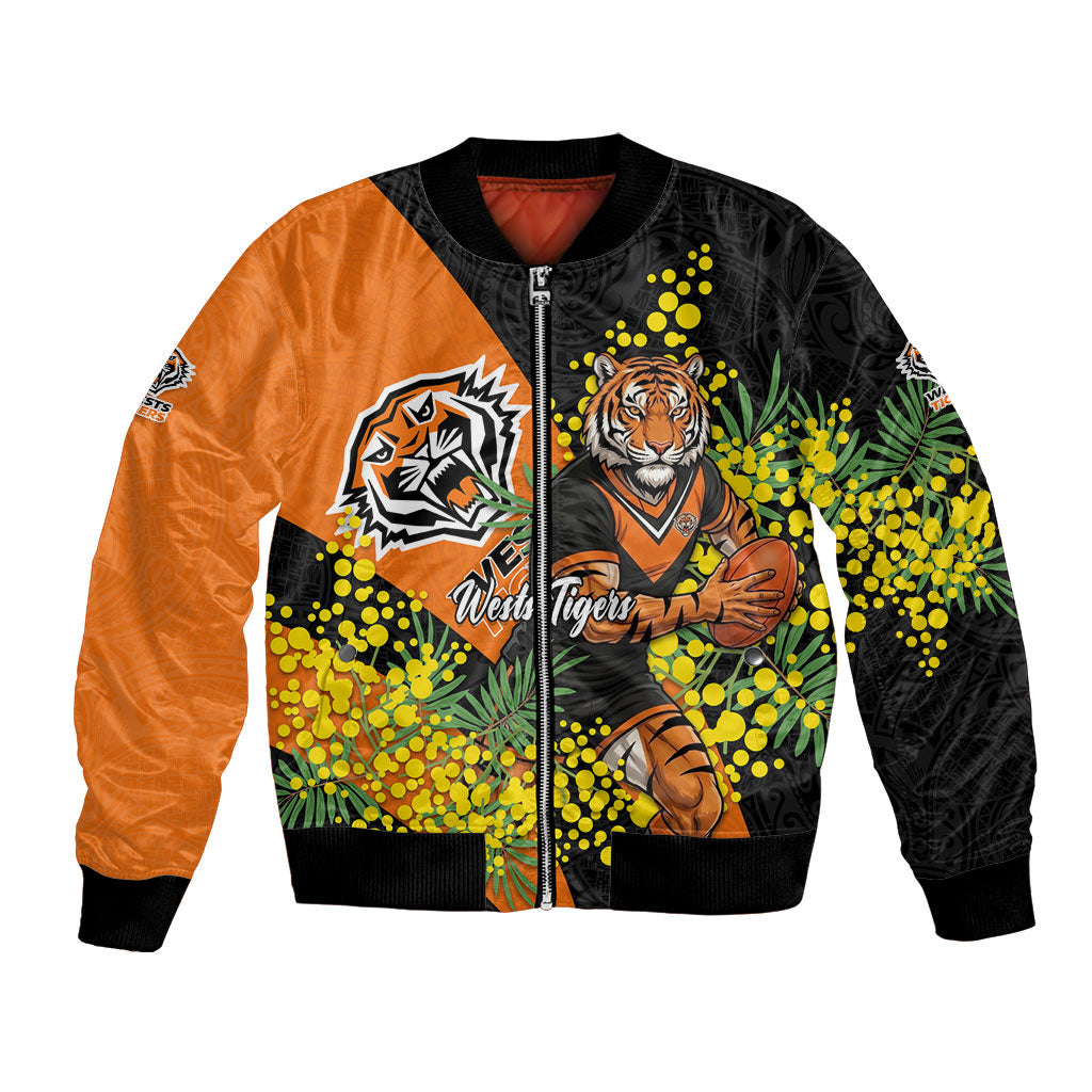Wests Tigers Bomber Jacket Golden Wattle Floral Polynesian - Australian Flower - Rugby Mascot
