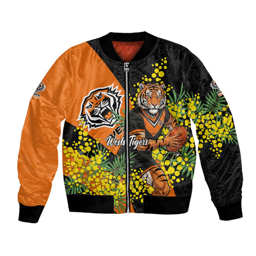 Wests Tigers Bomber Jacket Golden Wattle Floral Polynesian - Australian Flower - Rugby Mascot