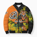 Wests Tigers Bomber Puffer Jacket Golden Wattle Floral Polynesian - Australian Flower - Rugby Mascot