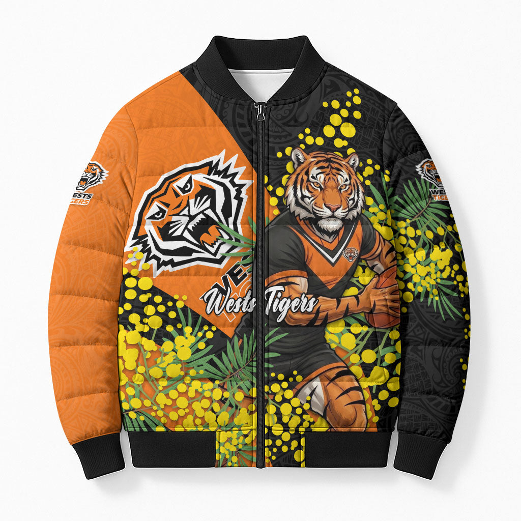 Wests Tigers Bomber Puffer Jacket Golden Wattle Floral Polynesian - Australian Flower - Rugby Mascot
