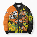 Wests Tigers Bomber Puffer Jacket Golden Wattle Floral Polynesian - Australian Flower - Rugby Mascot