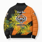 Wests Tigers Bomber Puffer Jacket Golden Wattle Floral Polynesian - Australian Flower - Rugby Mascot