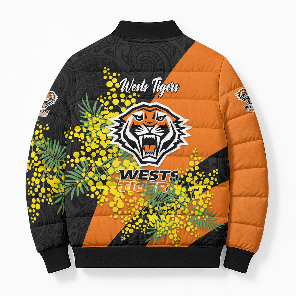 Wests Tigers Bomber Puffer Jacket Golden Wattle Floral Polynesian - Australian Flower - Rugby Mascot