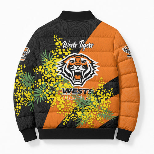 Wests Tigers Bomber Puffer Jacket Golden Wattle Floral Polynesian - Australian Flower - Rugby Mascot