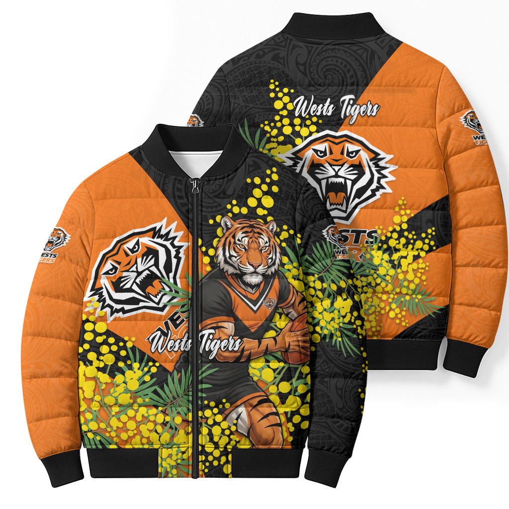 Wests Tigers Bomber Puffer Jacket Golden Wattle Floral Polynesian - Australian Flower - Rugby Mascot