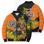 Wests Tigers Bomber Puffer Jacket Golden Wattle Floral Polynesian - Australian Flower - Rugby Mascot