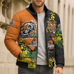 Wests Tigers Bomber Puffer Jacket Golden Wattle Floral Polynesian - Australian Flower - Rugby Mascot