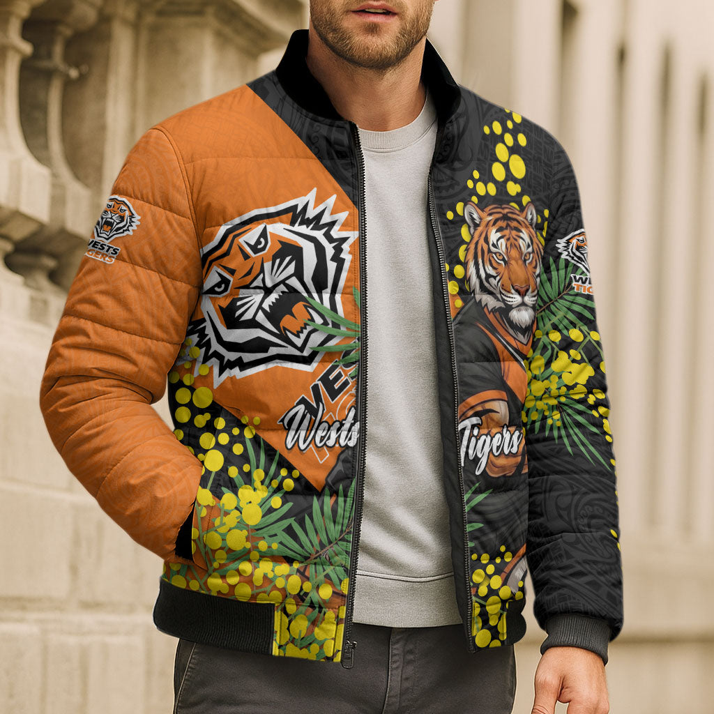 Wests Tigers Bomber Puffer Jacket Golden Wattle Floral Polynesian - Australian Flower - Rugby Mascot