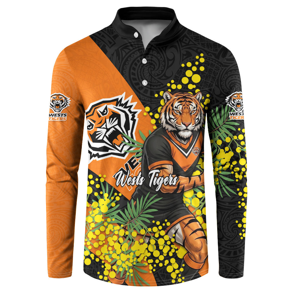 Wests Tigers Button Sweatshirt Golden Wattle Floral Polynesian - Australian Flower - Rugby Mascot