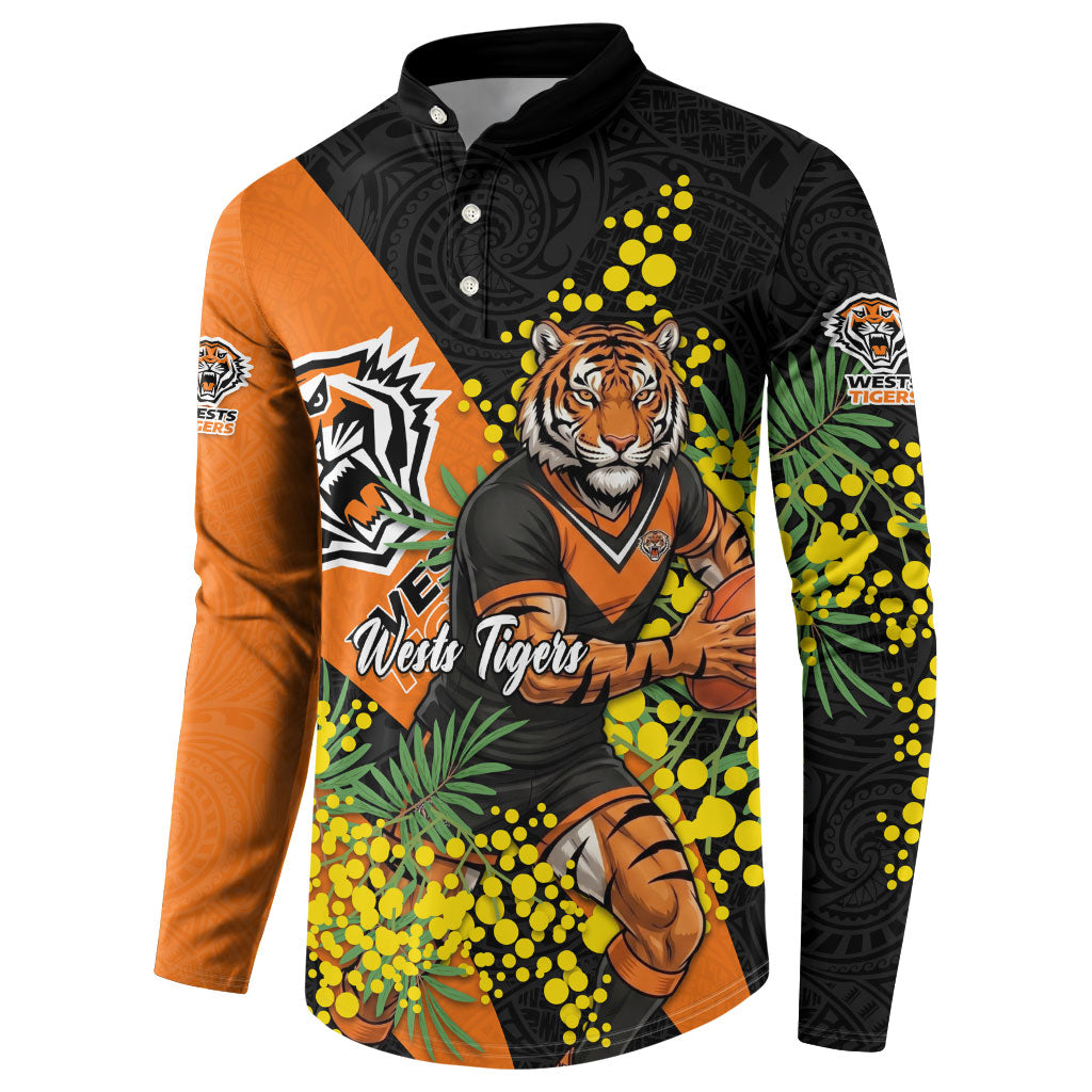 Wests Tigers Button Sweatshirt Golden Wattle Floral Polynesian - Australian Flower - Rugby Mascot