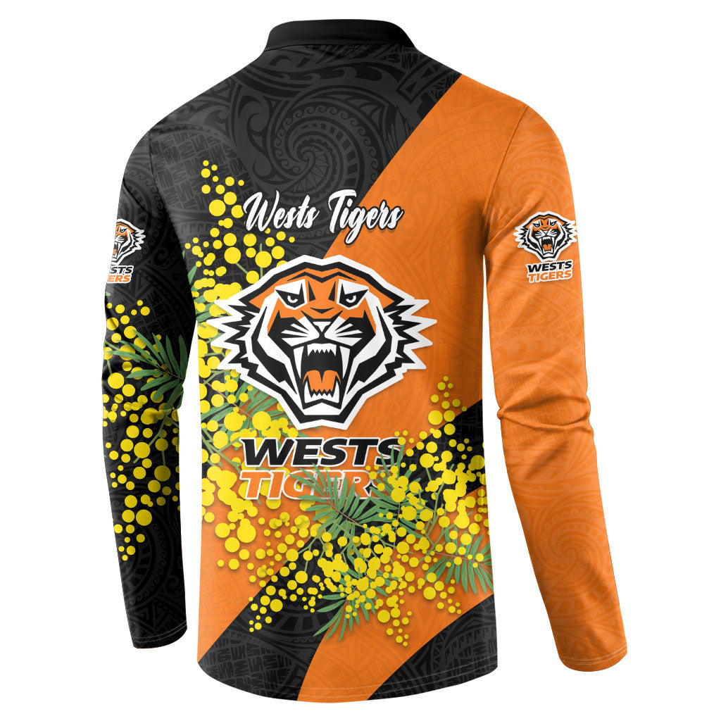 Wests Tigers Button Sweatshirt Golden Wattle Floral Polynesian - Australian Flower - Rugby Mascot