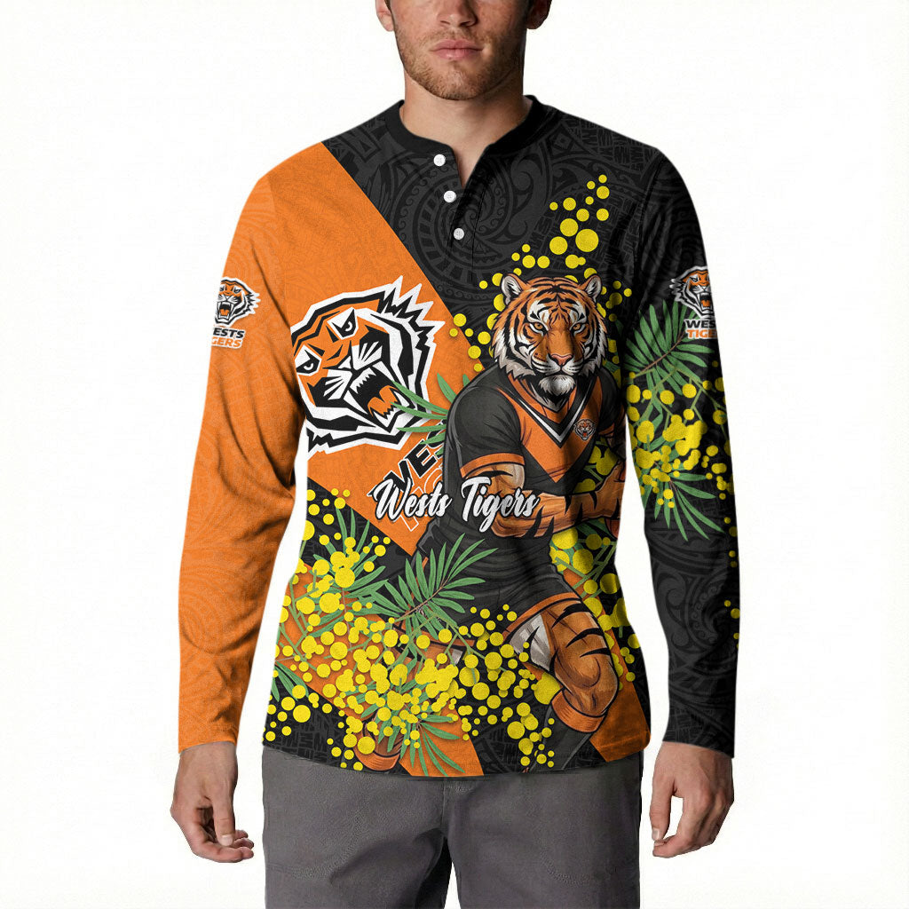 Wests Tigers Button Sweatshirt Golden Wattle Floral Polynesian - Australian Flower - Rugby Mascot