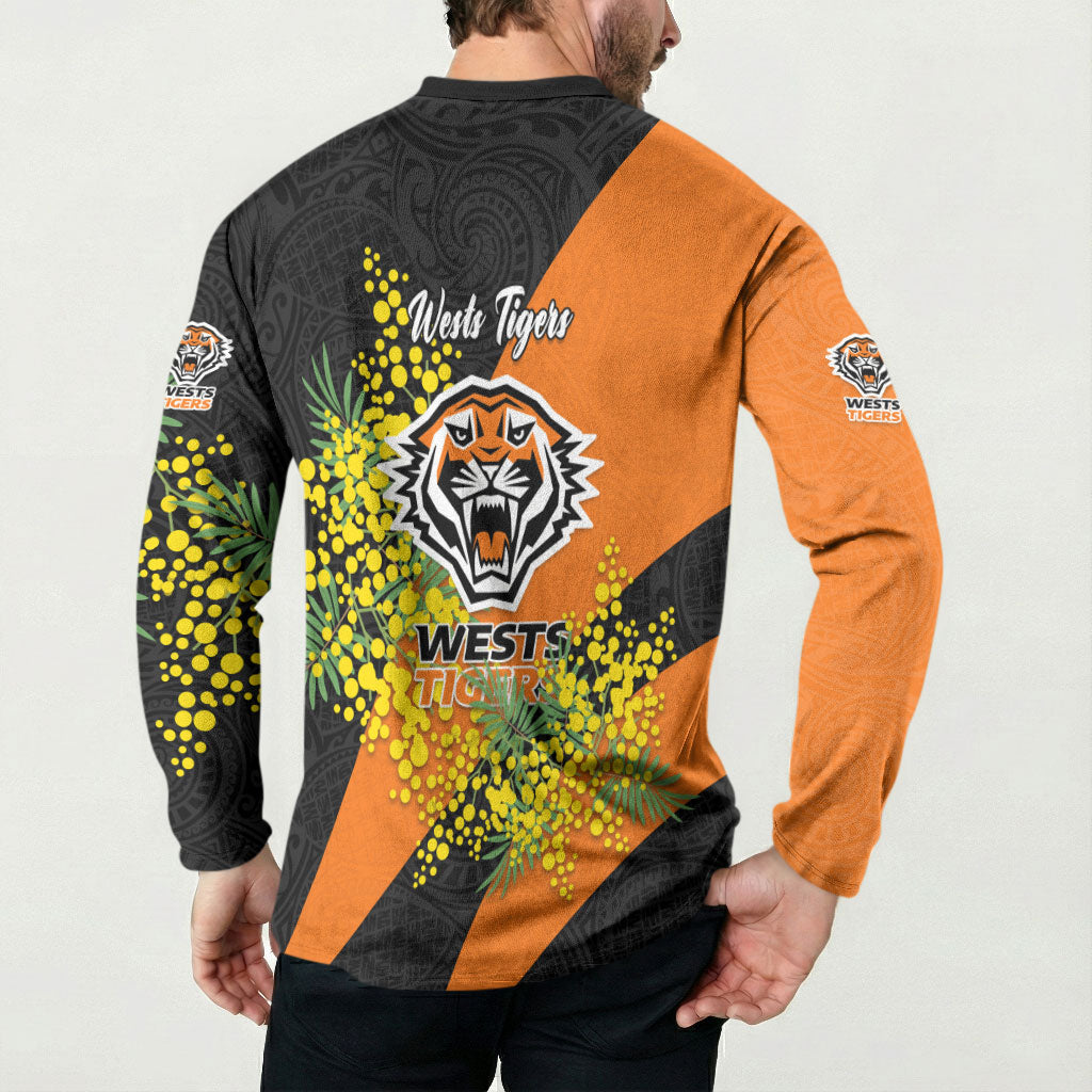 Wests Tigers Button Sweatshirt Golden Wattle Floral Polynesian - Australian Flower - Rugby Mascot