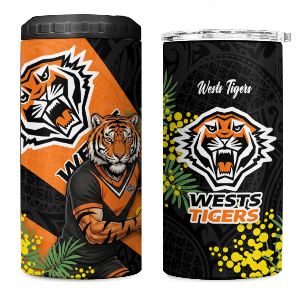 Wests Tigers 4 in 1 Can Cooler Tumbler Golden Wattle Floral Polynesian - Australian Flower - Rugby Mascot