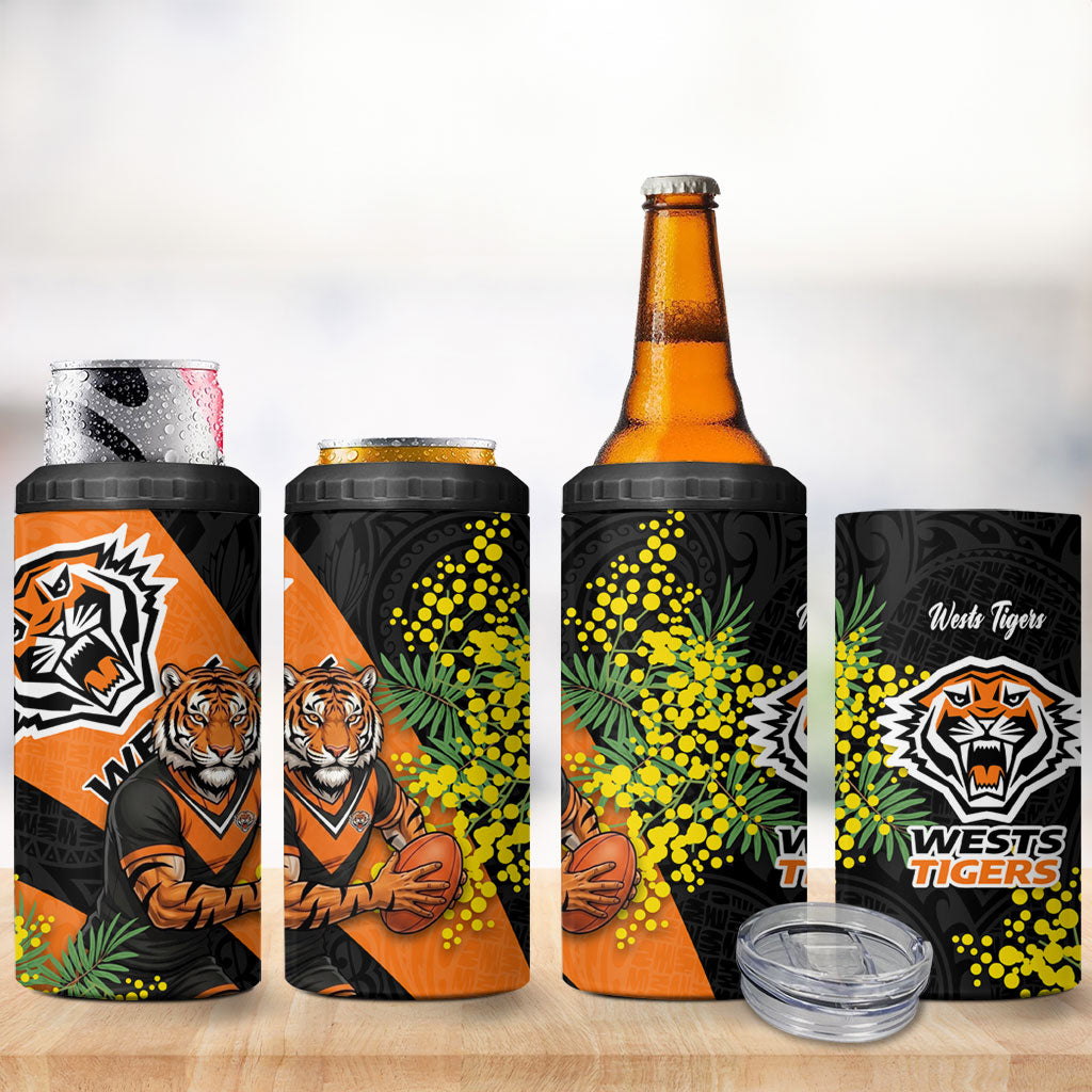 Wests Tigers 4 in 1 Can Cooler Tumbler Golden Wattle Floral Polynesian - Australian Flower - Rugby Mascot