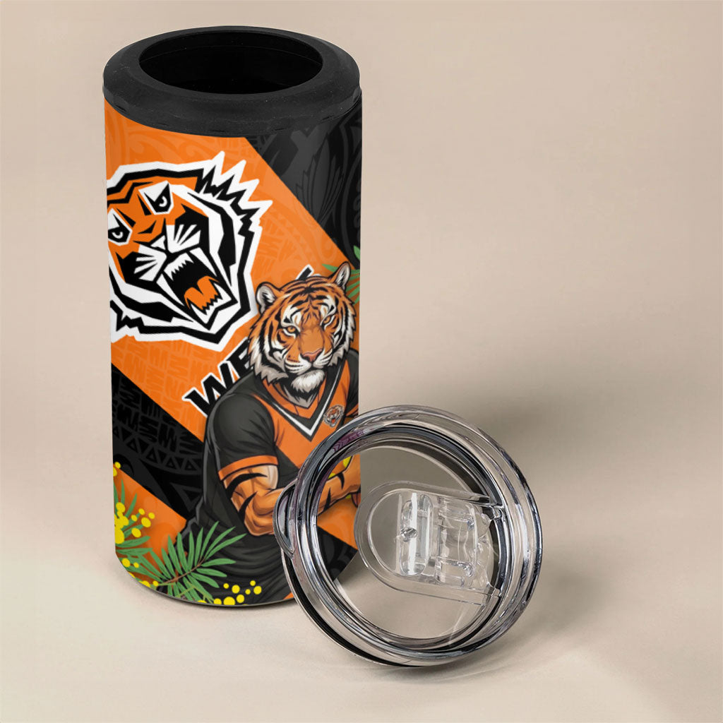Wests Tigers 4 in 1 Can Cooler Tumbler Golden Wattle Floral Polynesian - Australian Flower - Rugby Mascot