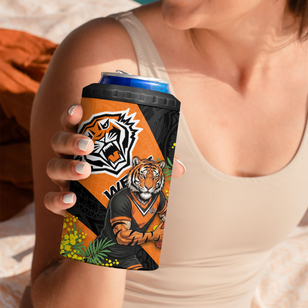 Wests Tigers 4 in 1 Can Cooler Tumbler Golden Wattle Floral Polynesian - Australian Flower - Rugby Mascot