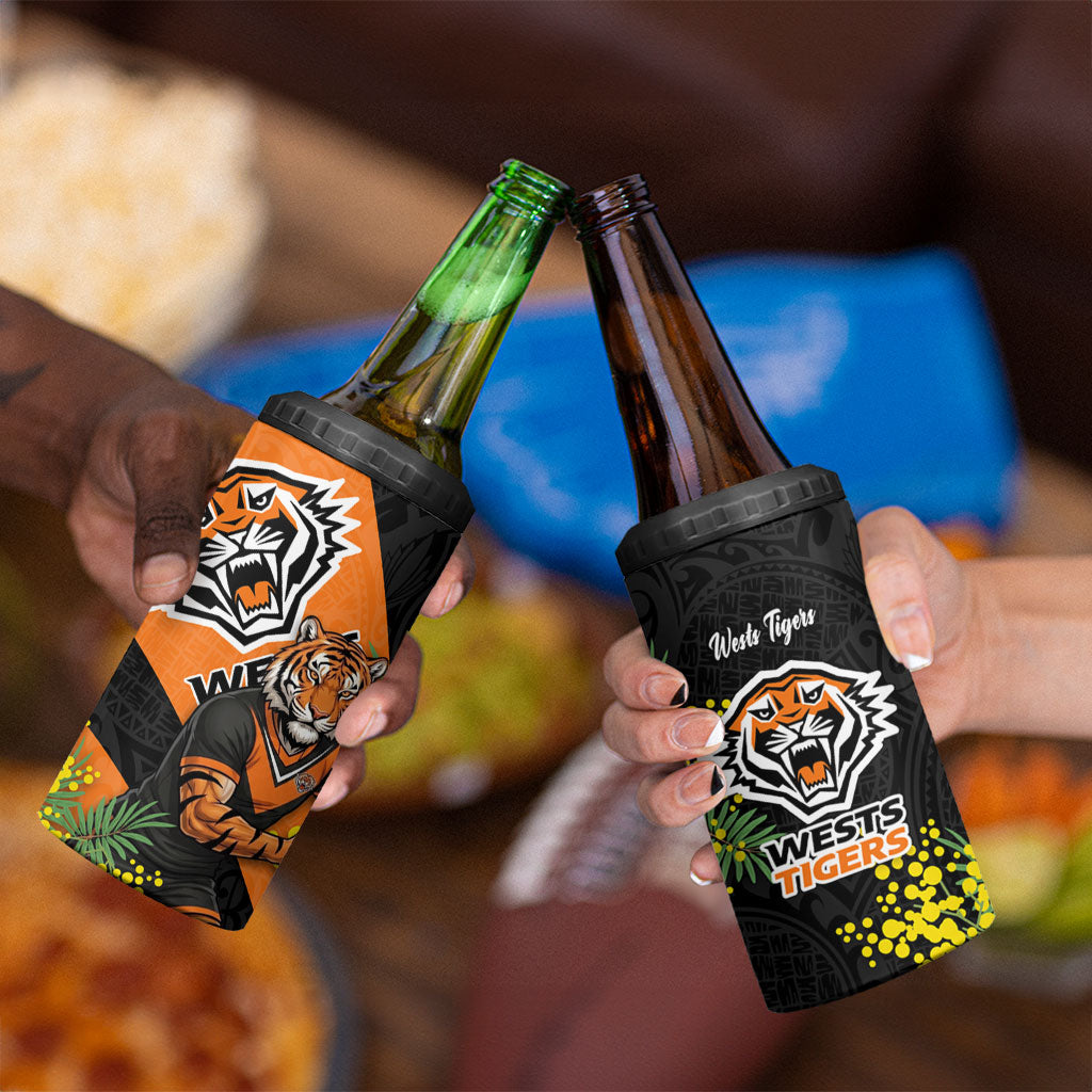 Wests Tigers 4 in 1 Can Cooler Tumbler Golden Wattle Floral Polynesian - Australian Flower - Rugby Mascot