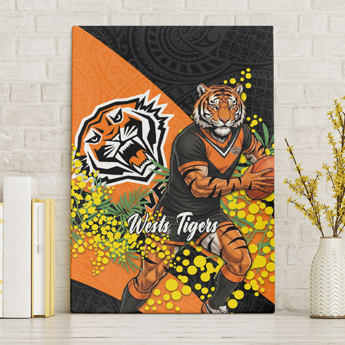 Wests Tigers Canvas Wall Art Golden Wattle Floral Polynesian - Australian Flower - Rugby Mascot