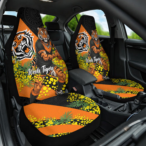Wests Tigers Car Seat Cover Golden Wattle Floral Polynesian - Australian Flower - Rugby Mascot